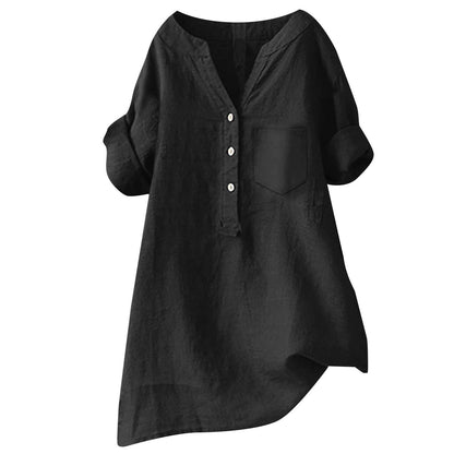 Loose Stand Collar Cotton Linen Short Sleeve Top