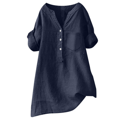 Loose Stand Collar Cotton Linen Short Sleeve Top