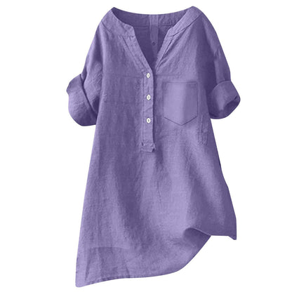 Loose Stand Collar Cotton Linen Short Sleeve Top