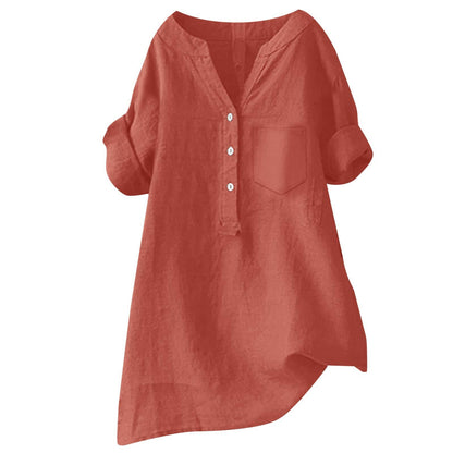 Loose Stand Collar Cotton Linen Short Sleeve Top