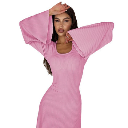 Loose U-Neck Back Tie Detail Long Sleeve Dress