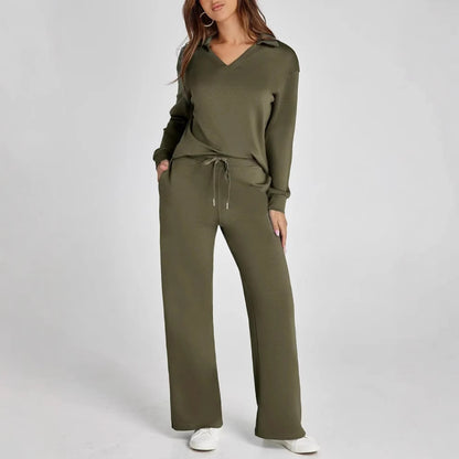 Loose V-neck long-sleeve top with long pants