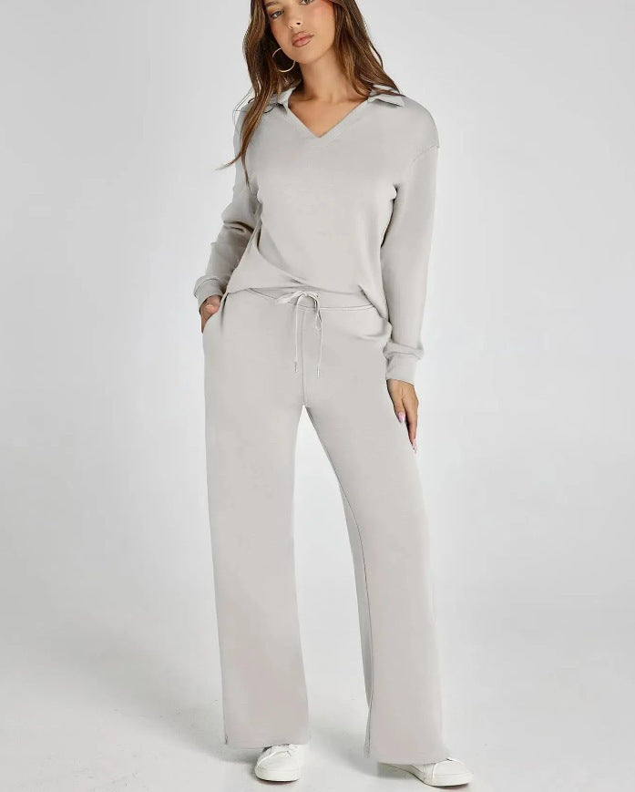 Loose V-neck long-sleeve top with long pants