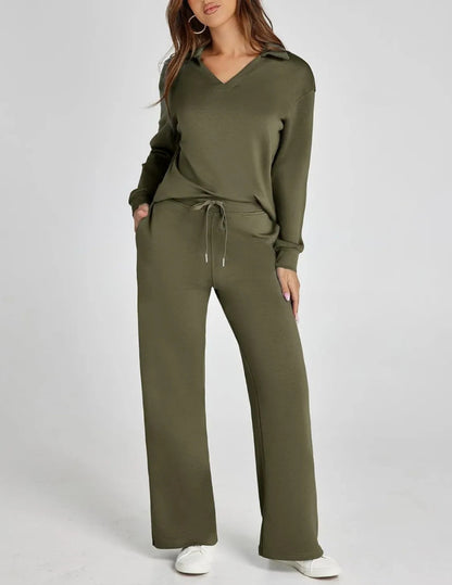 Loose V-neck long-sleeve top with long pants