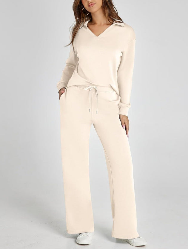 Loose V-neck long-sleeve top with long pants