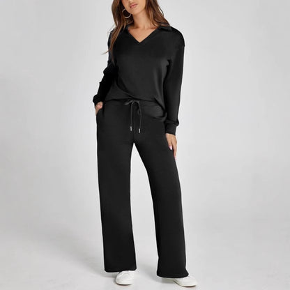Loose V-neck long-sleeve top with long pants