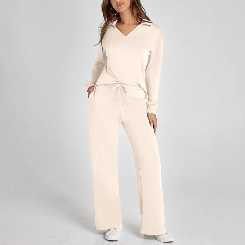 Loose V-neck long-sleeve top with long pants