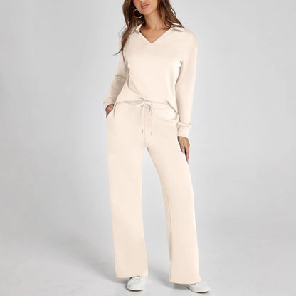 Loose V-neck long-sleeve top with long pants