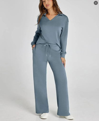 Loose V-neck long-sleeve top with long pants