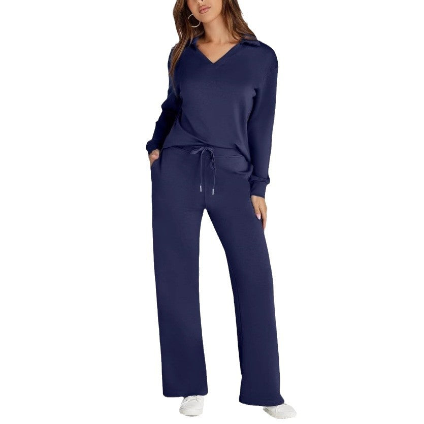 Loose V-neck long-sleeve top with long pants