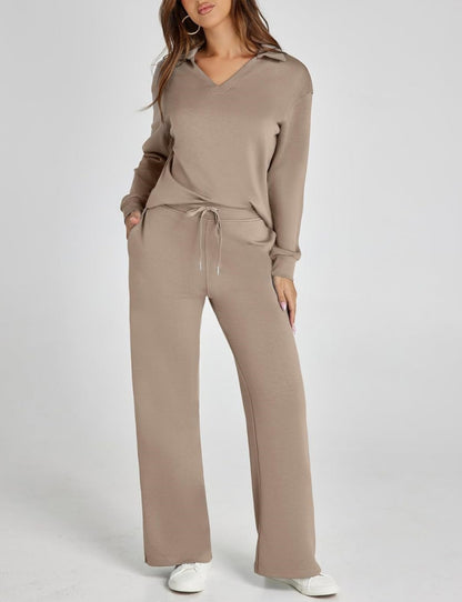 Loose V-neck long-sleeve top with long pants