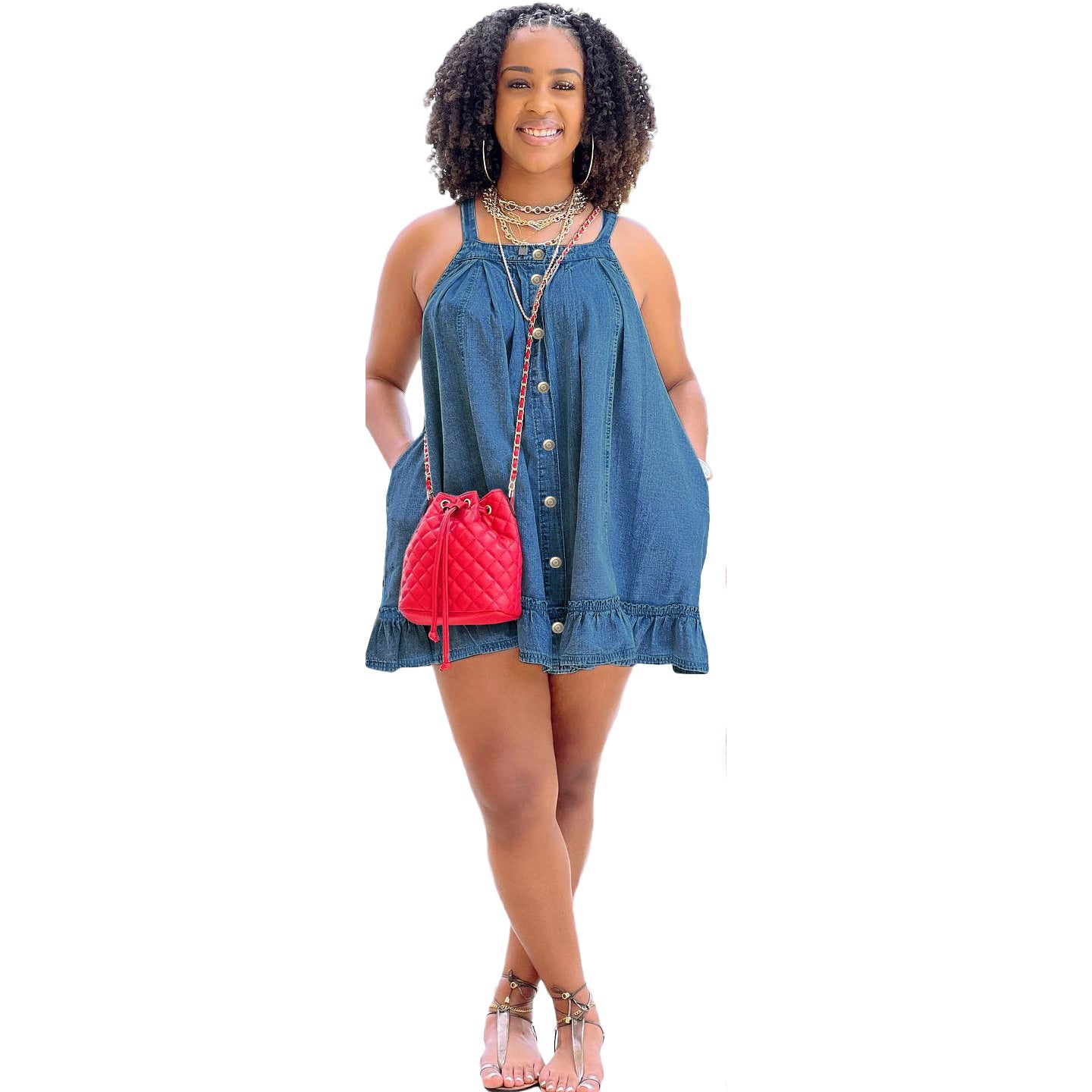 Loose Washed Denim Strap Dress