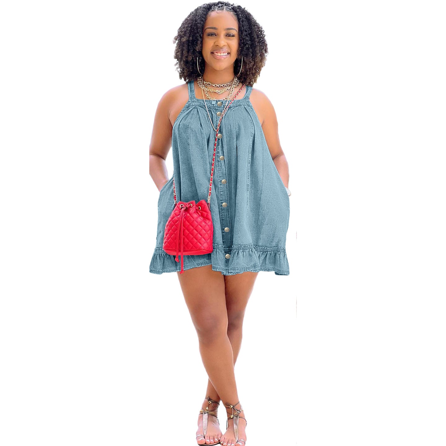 Loose Washed Denim Strap Dress