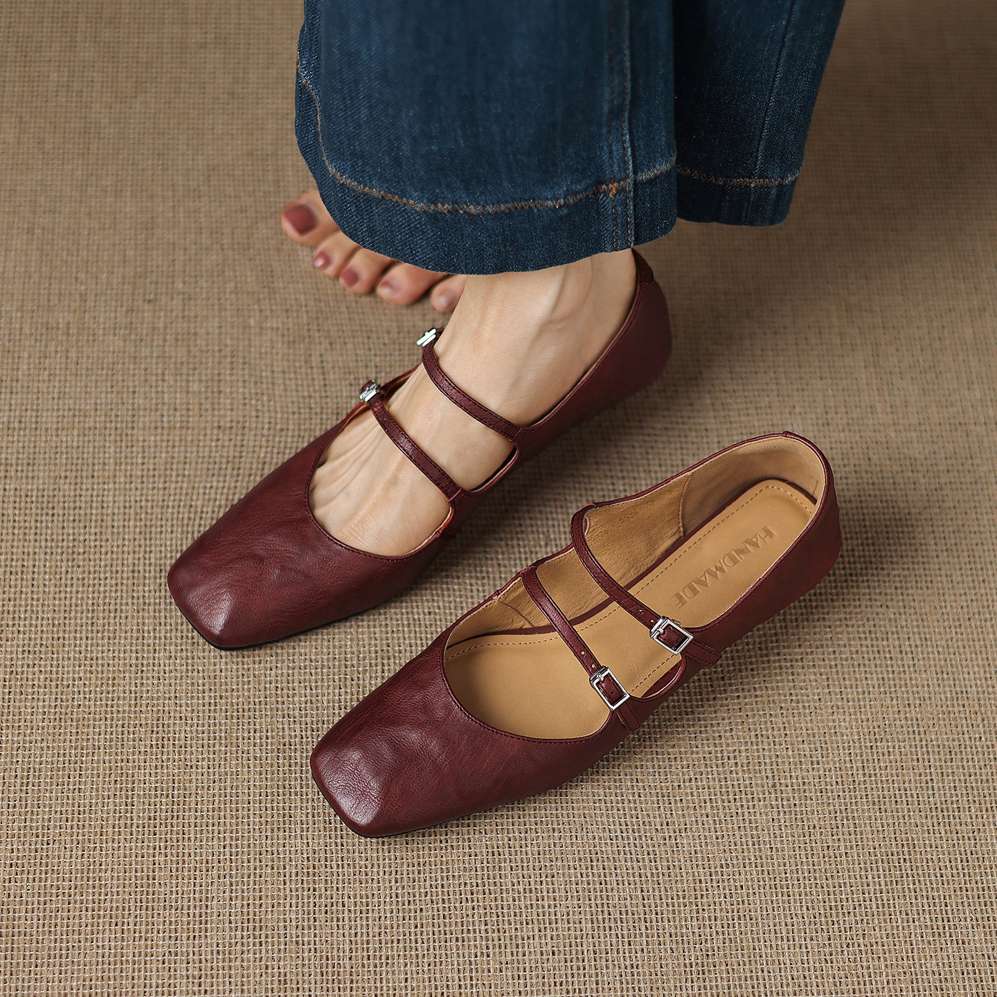 Low Wedge Heel Square Toe Sheepskin Shoes