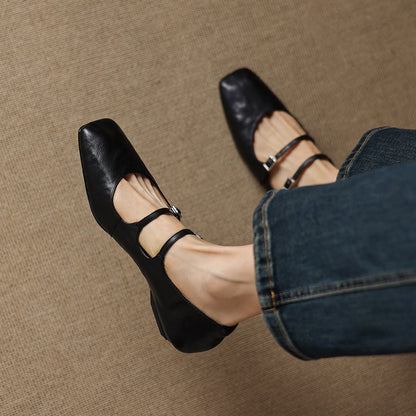 Low Wedge Heel Square Toe Sheepskin Shoes