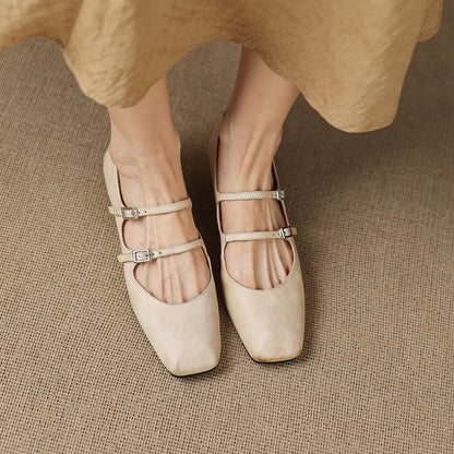 Low Wedge Heel Square Toe Sheepskin Shoes
