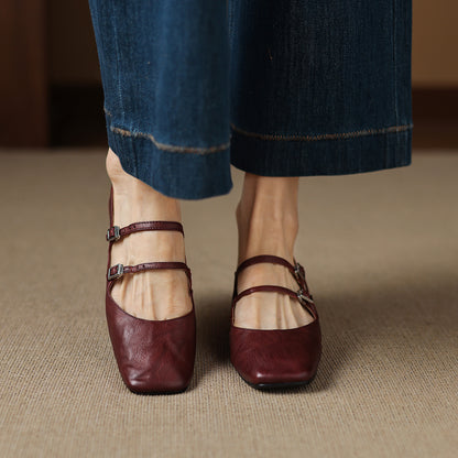 Low Wedge Heel Square Toe Sheepskin Shoes