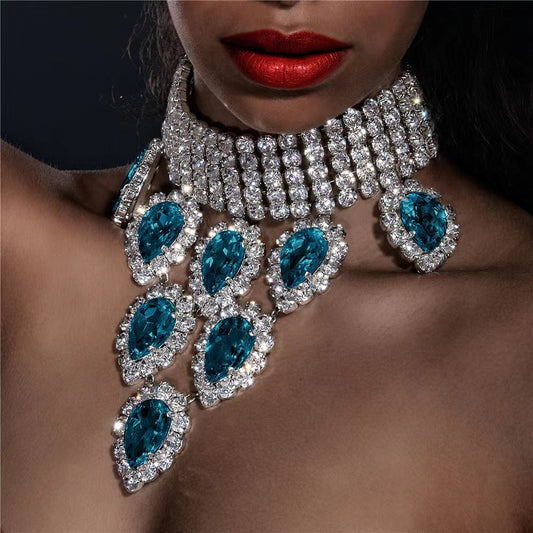 Luxury Blue Diamond Tassel Necklace Women's Fashion Water Drop Layered Chain