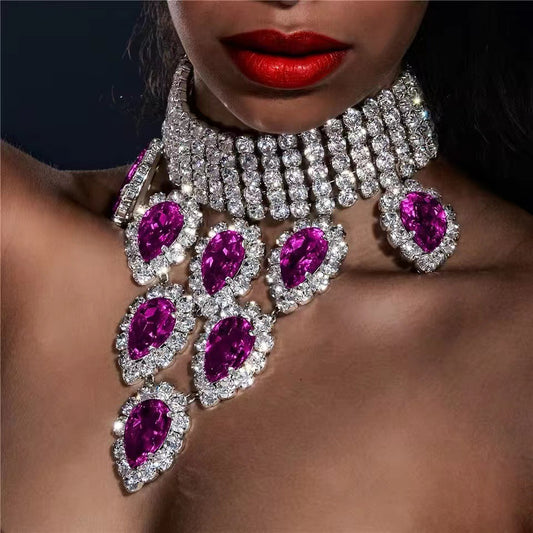 Luxury Blue Diamond Tassel Necklace Women's Fashion Water Drop Layered Chain