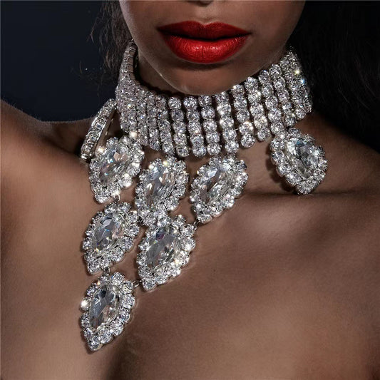 Luxury Blue Diamond Tassel Necklace Women's Fashion Water Drop Layered Chain