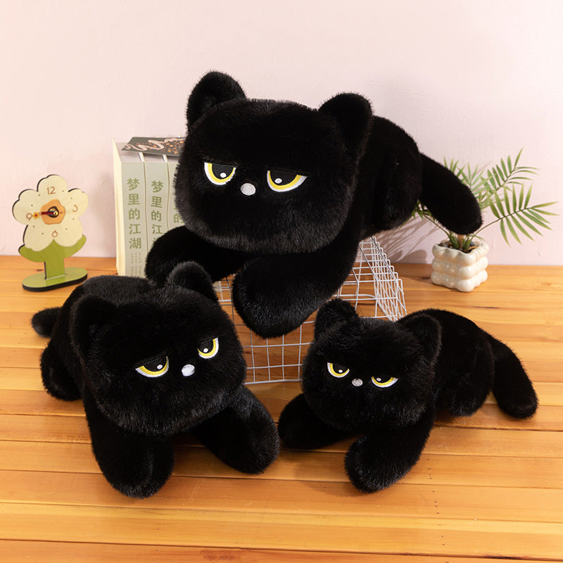 Lying Black Cat Plush Pillow Doll for Children and Adults