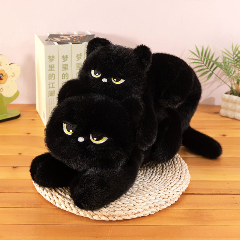 Lying Black Cat Plush Pillow Doll for Children and Adults