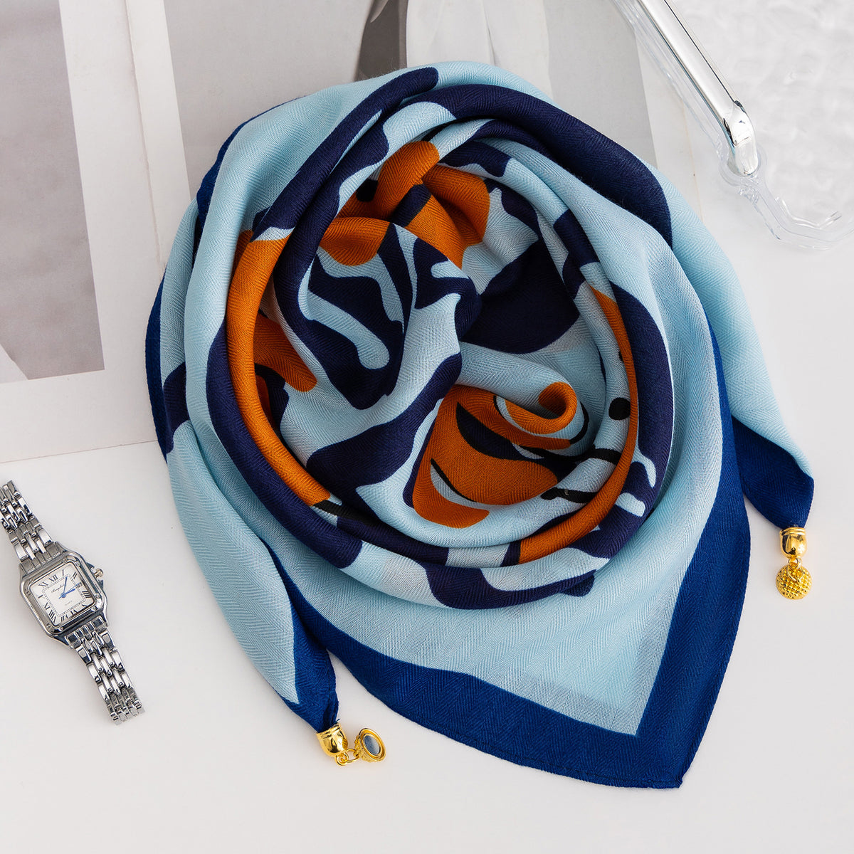 Magnetic Buckle Cotton Blend Square Scarf