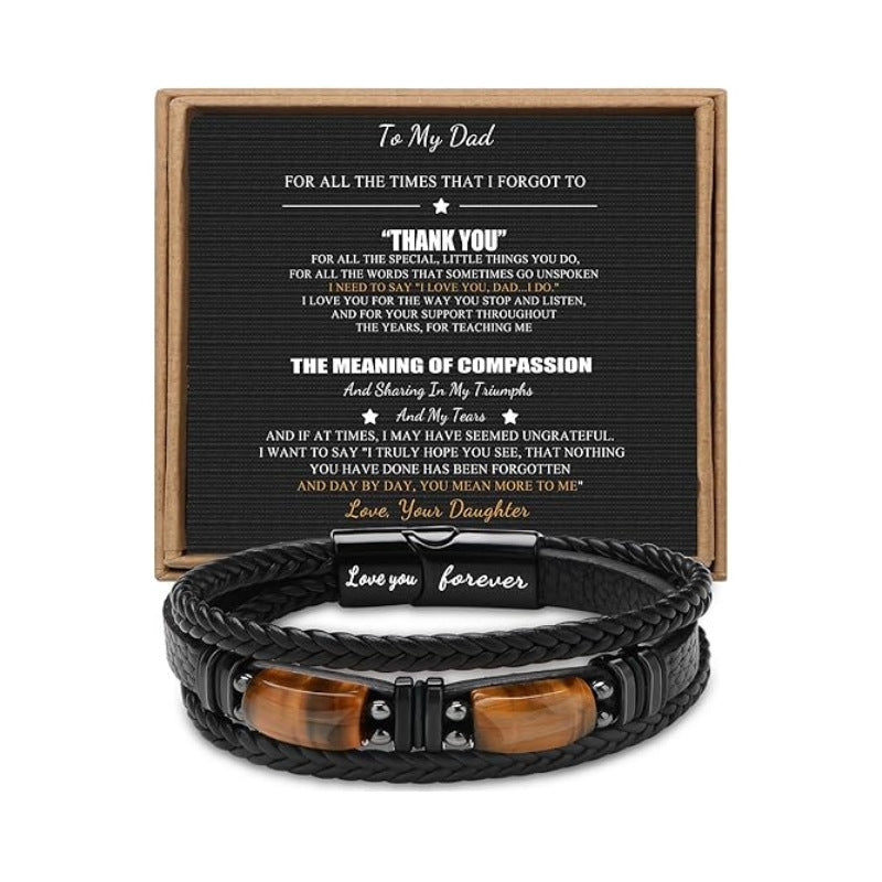 Magnetic Engraved Leather Bracelet with Tiger Eye Stone