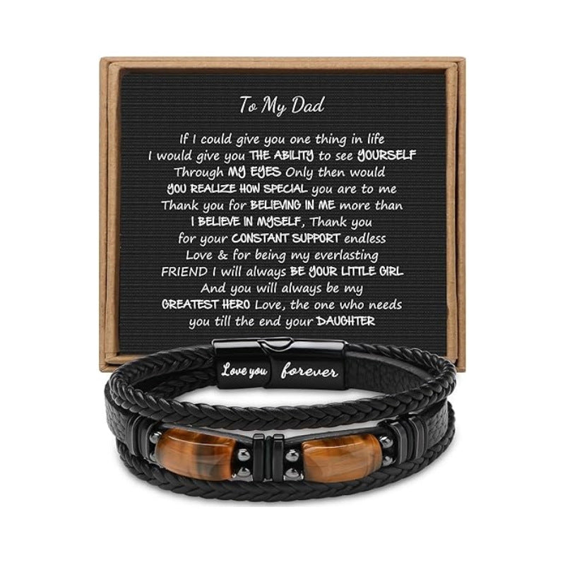 Magnetic Engraved Leather Bracelet with Tiger Eye Stone