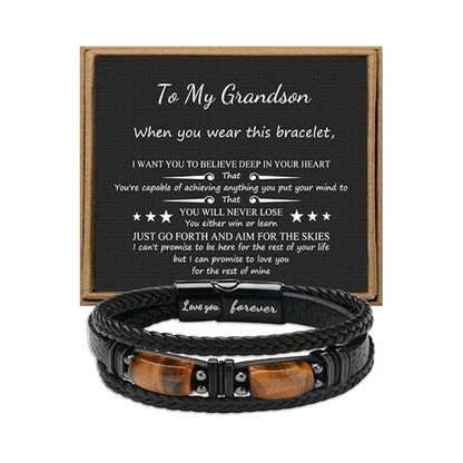 Magnetic Engraved Leather Bracelet with Tiger Eye Stone