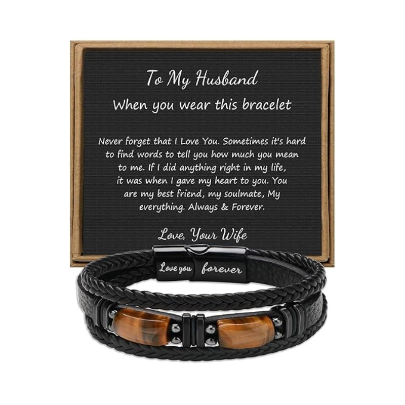 Magnetic Engraved Leather Bracelet with Tiger Eye Stone