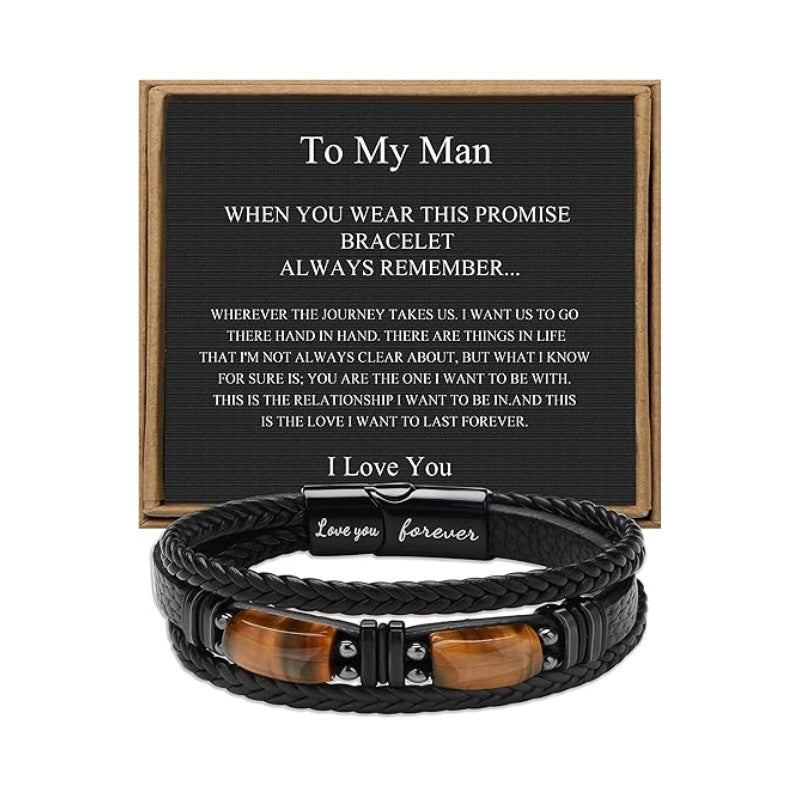Magnetic Engraved Leather Bracelet with Tiger Eye Stone
