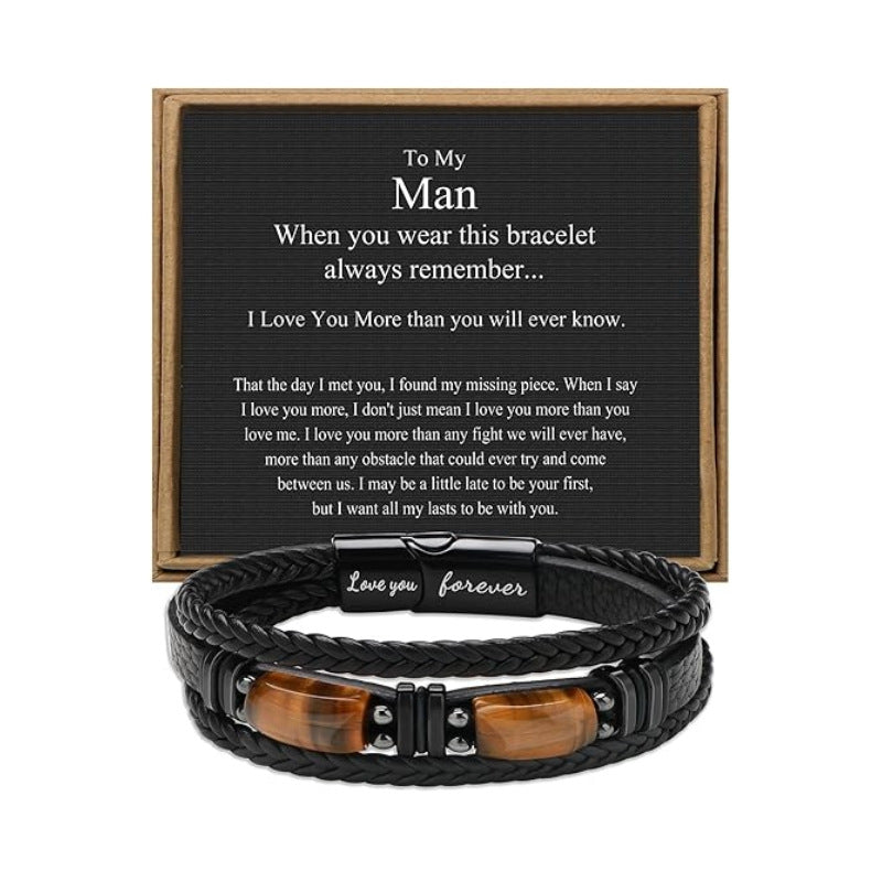 Magnetic Engraved Leather Bracelet with Tiger Eye Stone