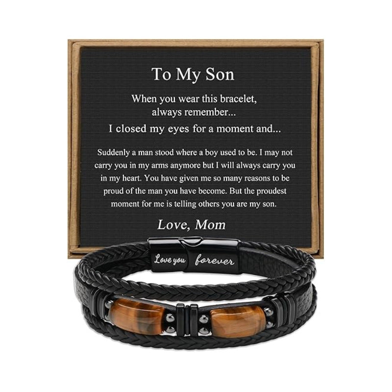 Magnetic Engraved Leather Bracelet with Tiger Eye Stone