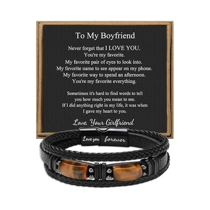 Magnetic Engraved Leather Bracelet with Tiger Eye Stone