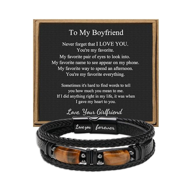 Magnetic Engraved Leather Bracelet with Tiger Eye Stone