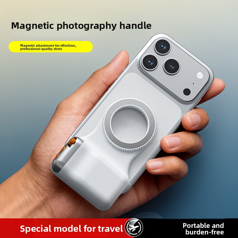 Magnetic handle for mobile phone photography aid