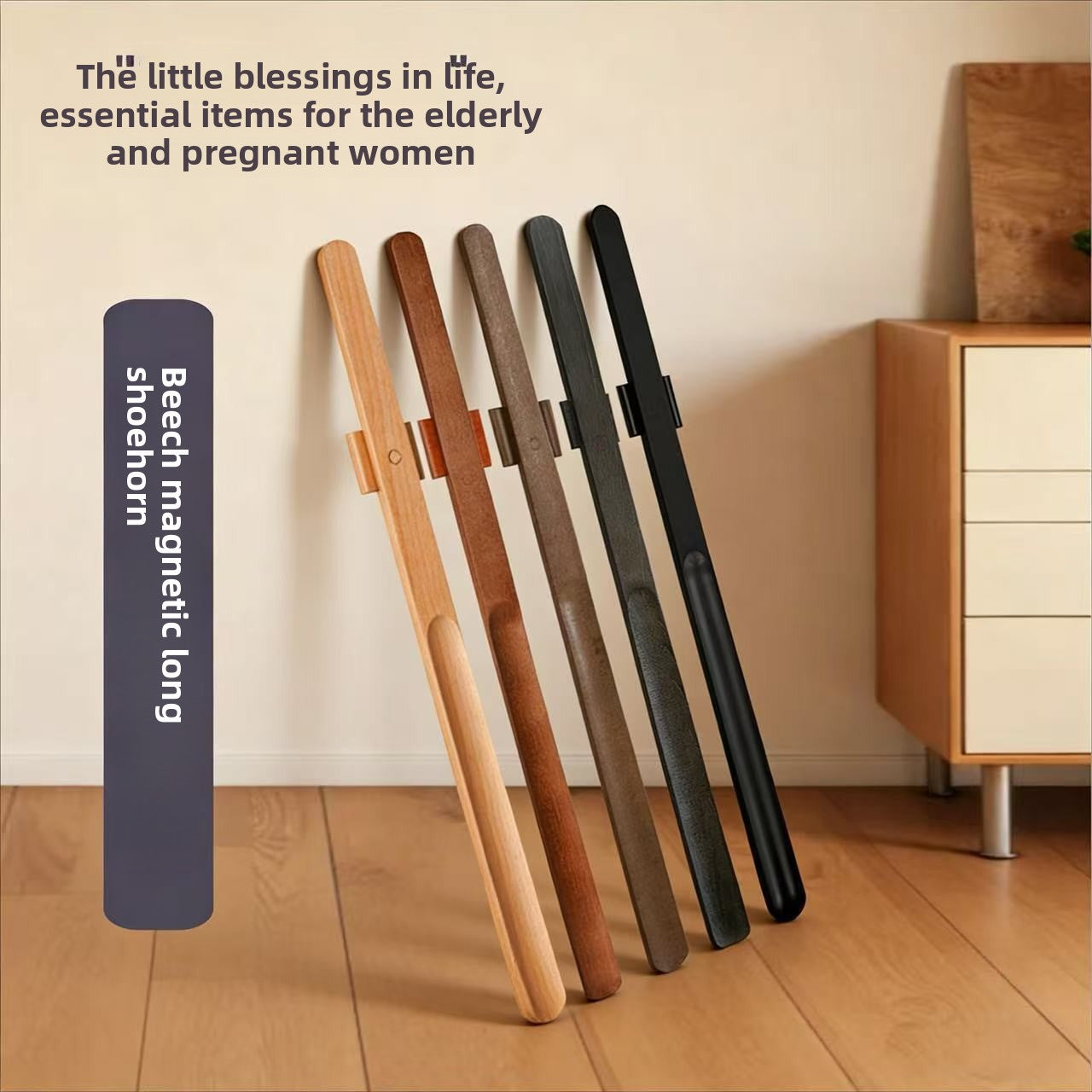 Magnetic Wooden Shoehorn with Long Handle No-Bend Shoe Aid