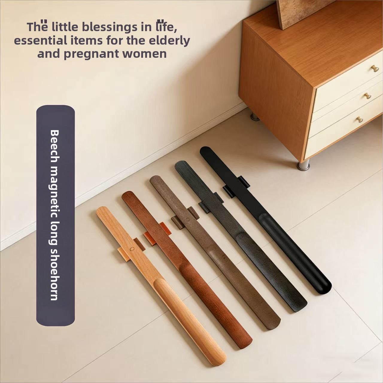 Magnetic Wooden Shoehorn with Long Handle No-Bend Shoe Aid
