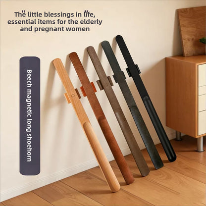 Magnetic Wooden Shoehorn with Long Handle No-Bend Shoe Aid