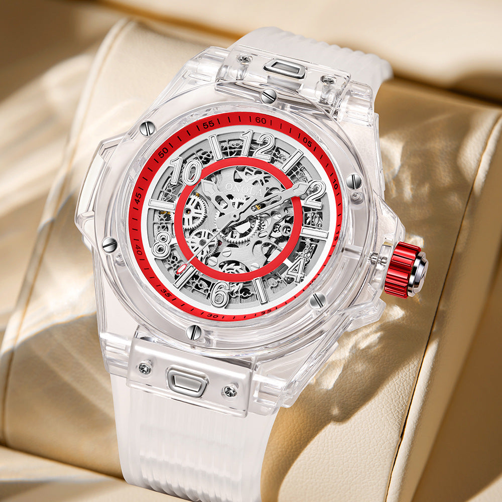 Mechanical Watch with Transparent Case and Silicone Strap