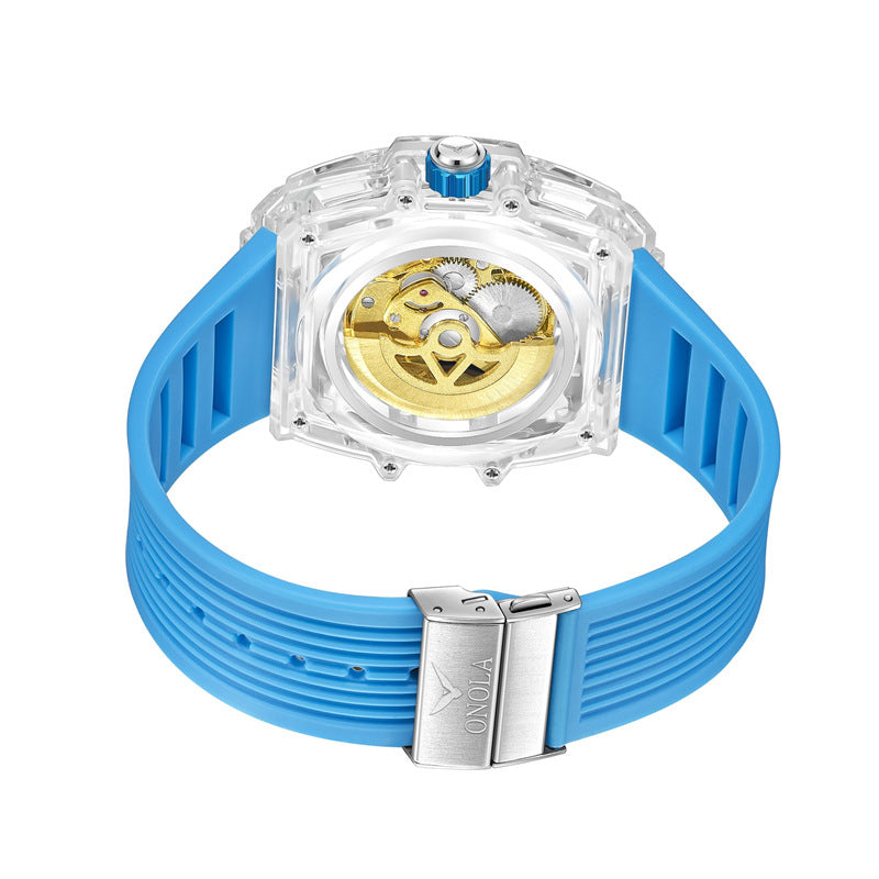 Mechanical Watch with Transparent Case and Silicone Strap