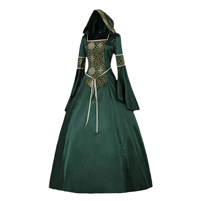 Medieval Gothic Hooded Dress with Flared Sleeves