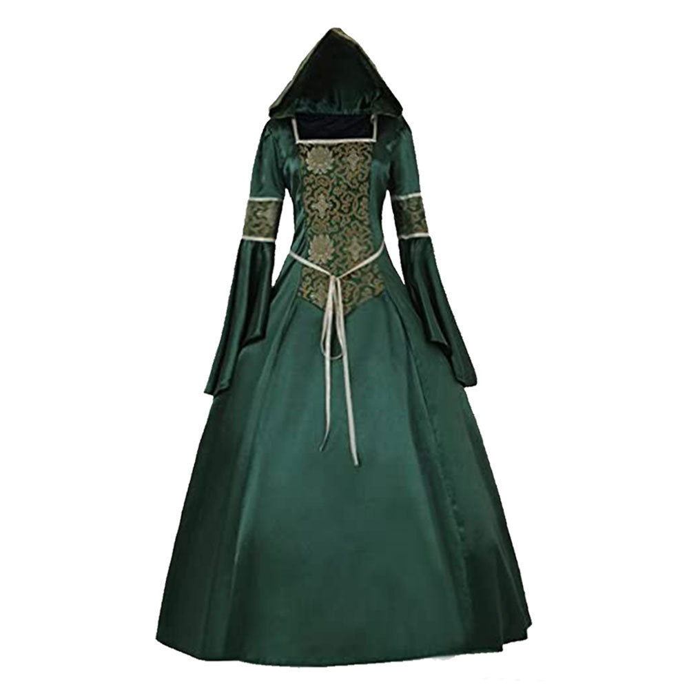 Medieval Gothic Hooded Dress with Flared Sleeves