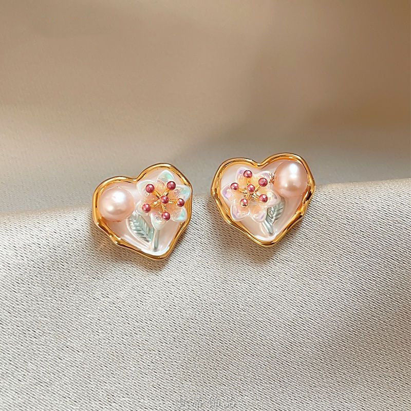 Medieval Pearl Heart Flower Earrings for Women