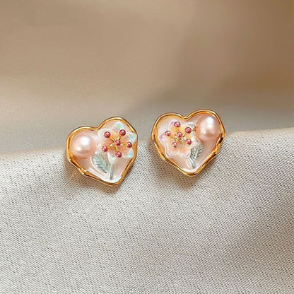 Medieval Pearl Heart Flower Earrings for Women