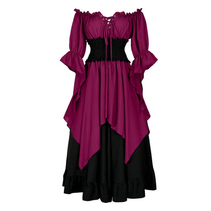 Medieval Retro Patchwork Dress with Flutter Sleeves