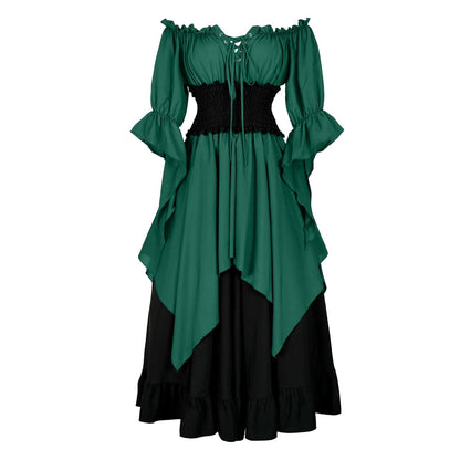 Medieval Retro Patchwork Dress with Flutter Sleeves