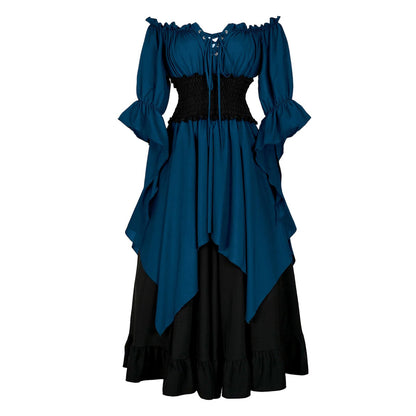 Medieval Retro Patchwork Dress with Flutter Sleeves