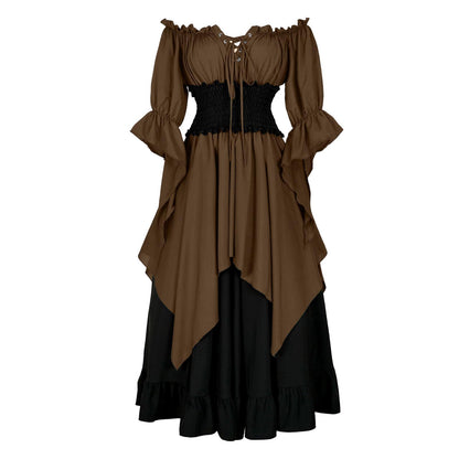 Medieval Retro Patchwork Dress with Flutter Sleeves